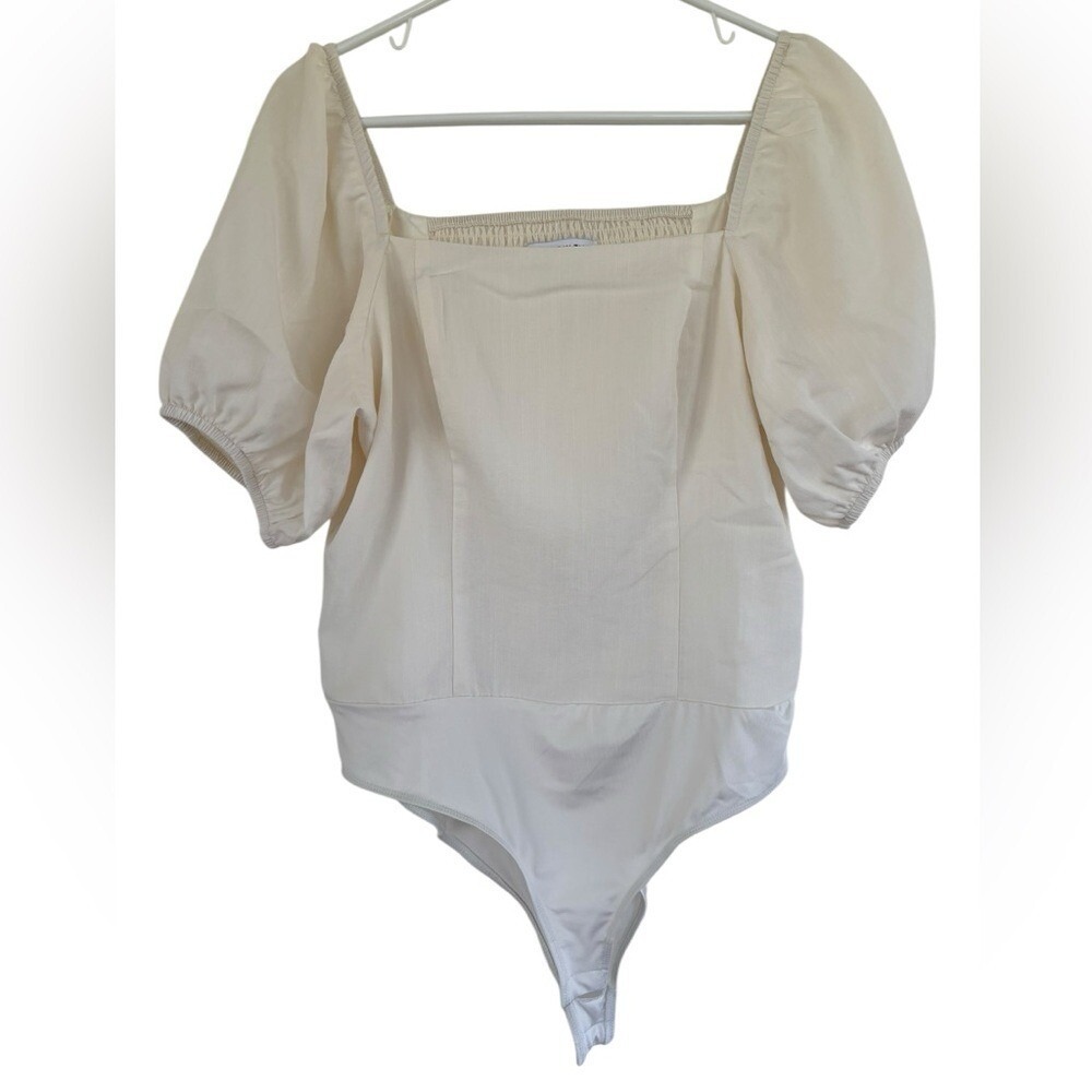 And Now This‎ Women's Cream Pouf Sleeves Bodysuit Size Large